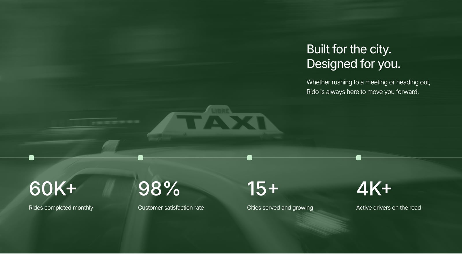 Taxi roof sign in motion blur. Built for the city. Designed for you. Whether rushing to a meeting or heading out, Rido is always here to move you forward. 60K+ rides completed monthly. 98% customer satisfaction rate. 15+ cities served and growing. 4K+ active drivers on the road.